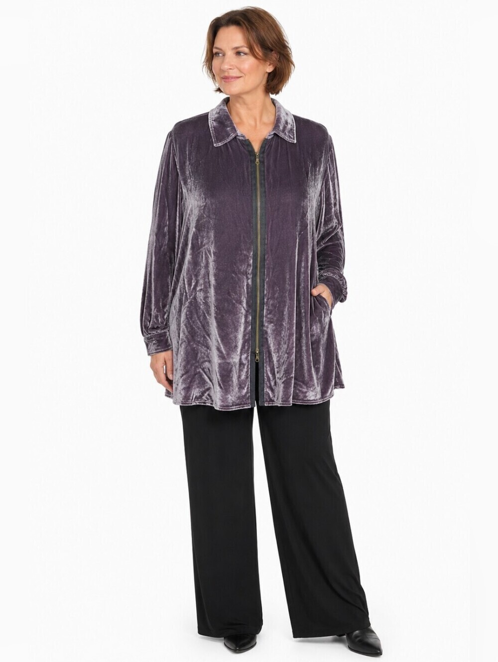 Soft Surroundings Velvet Zip Front Jacket Top Gray Purple Rayon Silk XL